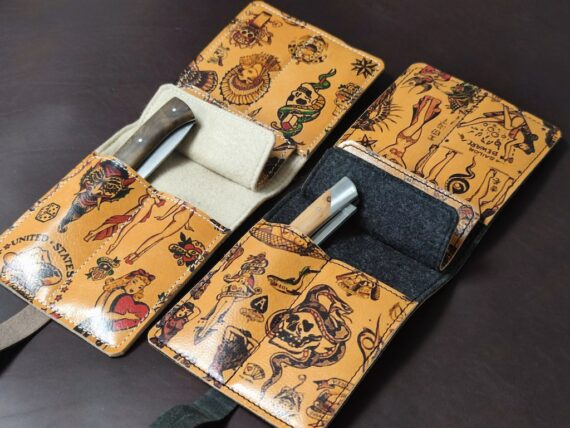 étui pochette couteaux pliants en cuir tatoué